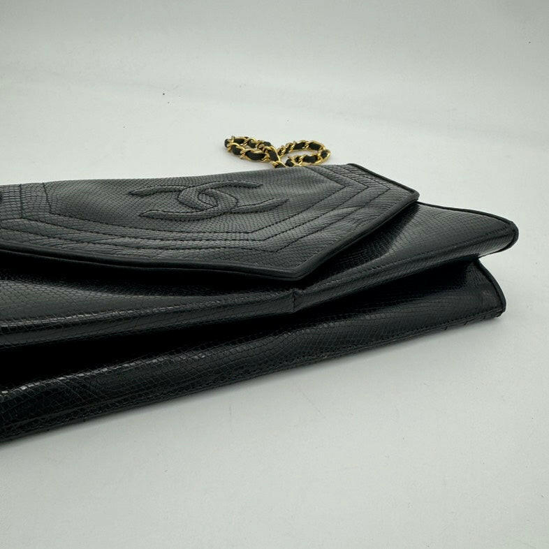 Chanel Black Lizard Embossed Chain Shoulder Bag with Gold Hardware, Medium Size.