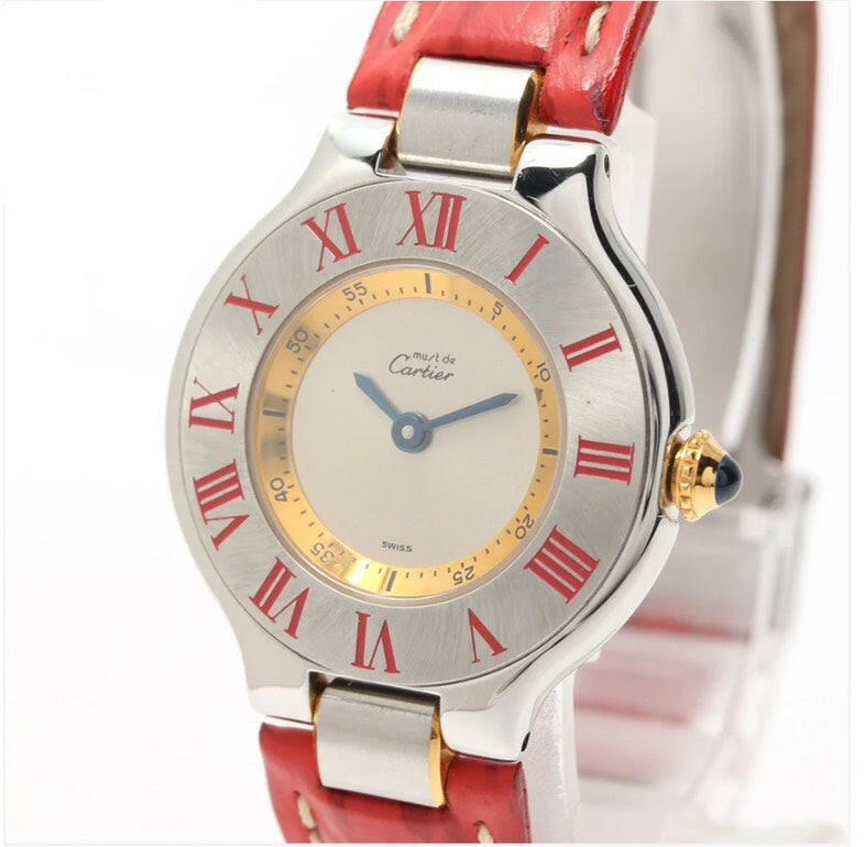 Cartier Must De 21 Stainless Steel Quartz Watch - 28mm Case, Gold Accents, Red Leather Strap 15.5cm.