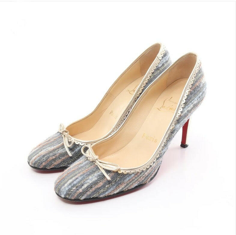 Christian Louboutin Striped Fabric Pumps Size 37.5 Beige/Blue High Heels.