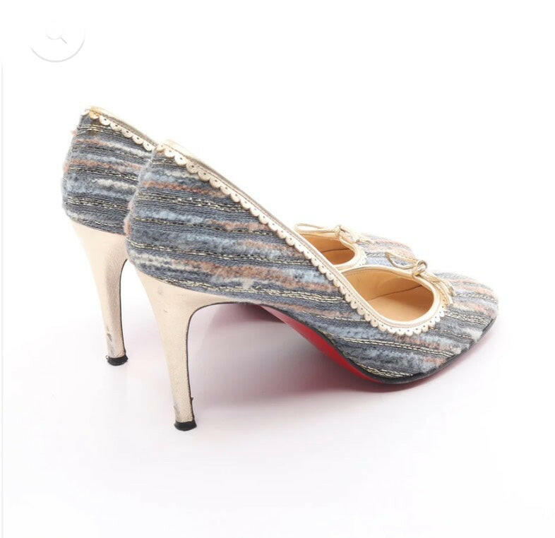 Christian Louboutin Striped Fabric Pumps Size 37.5 Beige/Blue High Heels.