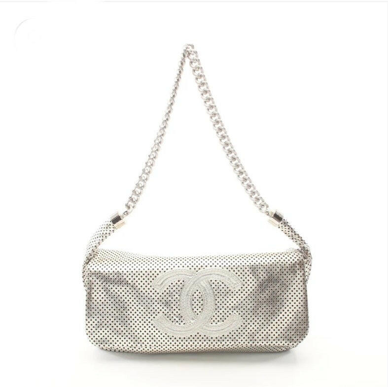 Chanel White Punching Leather Chain Shoulder Bag - Medium Size.