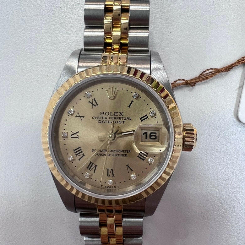 Rolex Datejust Oyster Perpetual 25mm Two-Tone Watch - Champagne Dial, Stainless Steel & 18K Yellow Gold Jubilee Bracelet.