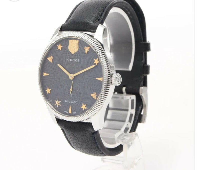 Gucci G-Timeless Automatic Watch 40mm Grey Dial Stainless Steel Case Black Leather Strap.