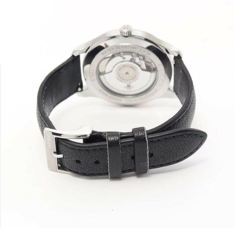 Gucci G-Timeless Automatic Watch 40mm Grey Dial Stainless Steel Case Black Leather Strap.