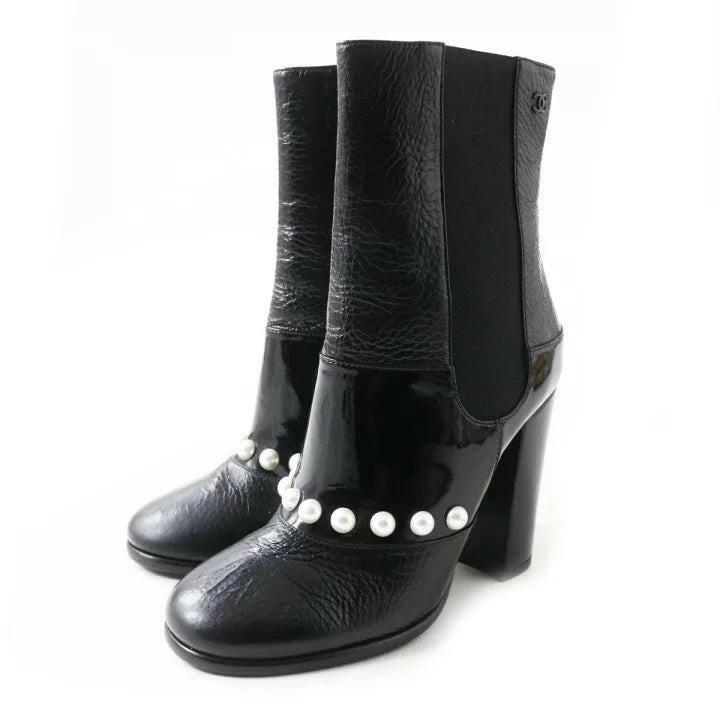 Chanel Black Ankle Boots with Pearl Detail - Size 35.