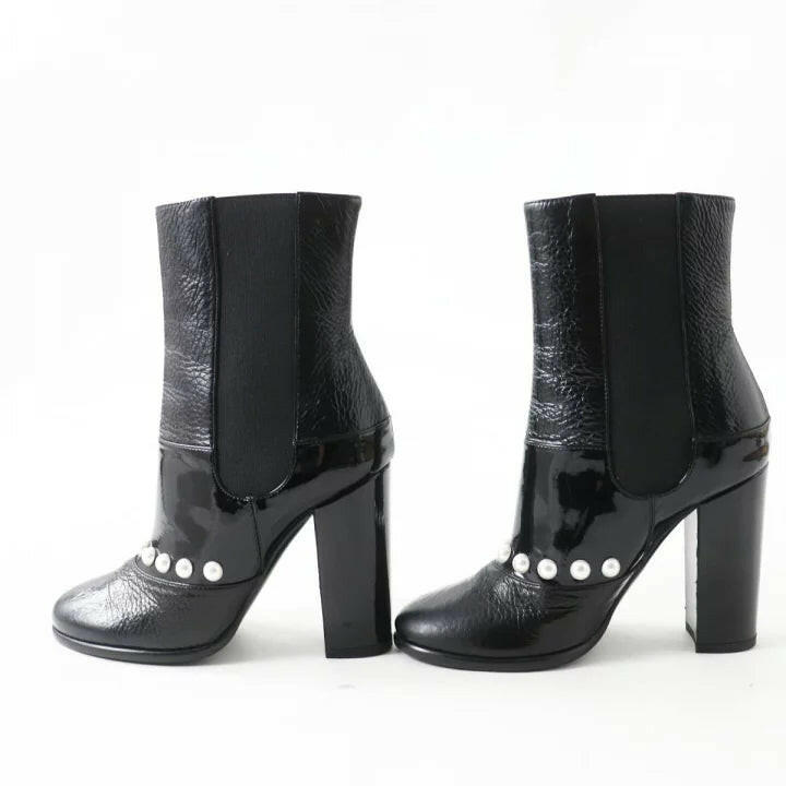 Chanel Black Ankle Boots with Pearl Detail - Size 35.