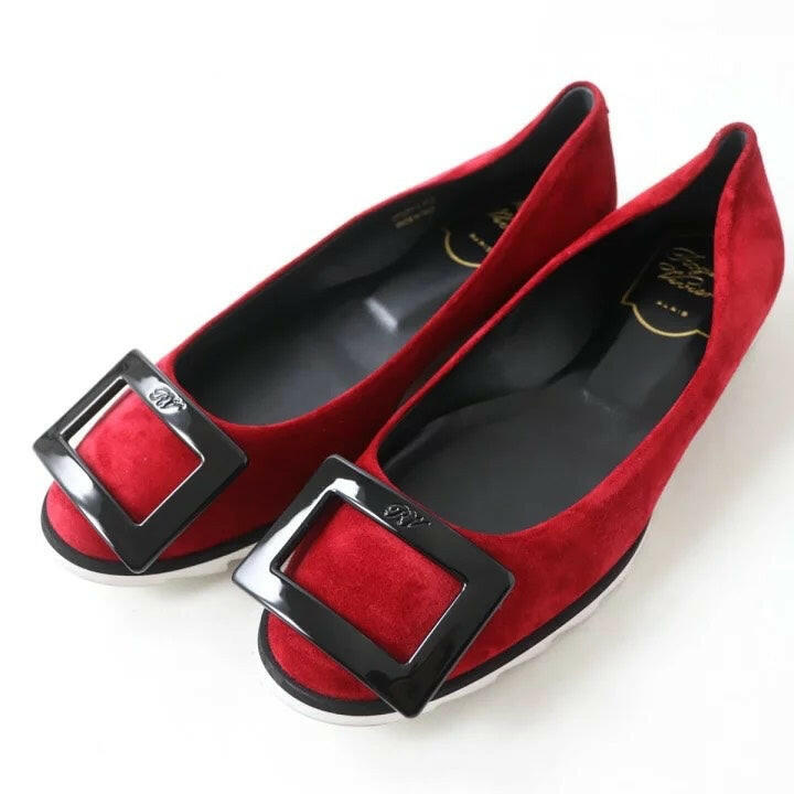 Roger Vivier Belle Vivier Red Velvet Ballet Flats - Size 35.