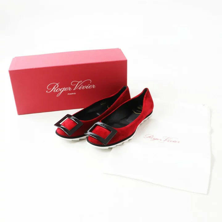 Roger Vivier Belle Vivier Red Velvet Ballet Flats - Size 35.