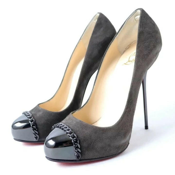 Christian Louboutin High Heels Black Chain Cap Toe Suede Leather Size 38.5.