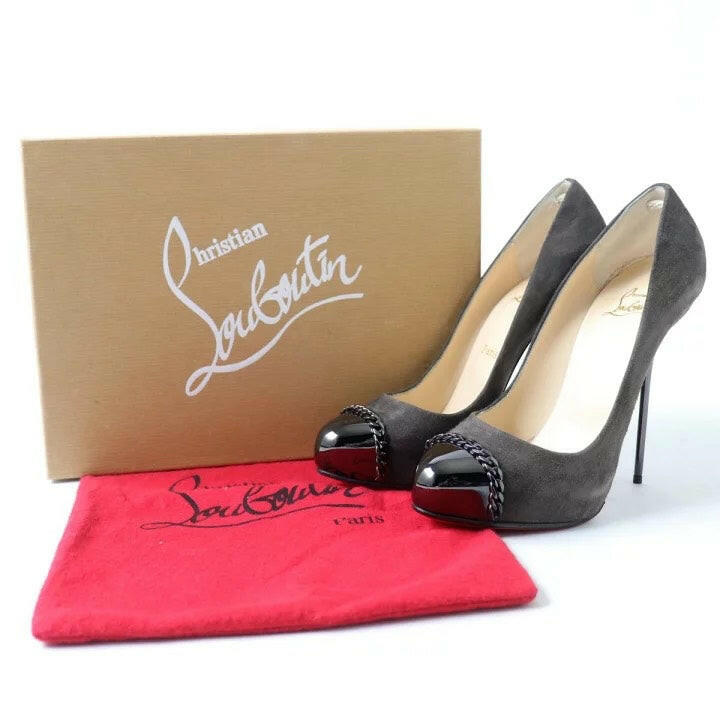 Christian Louboutin High Heels Black Chain Cap Toe Suede Leather Size 38.5.