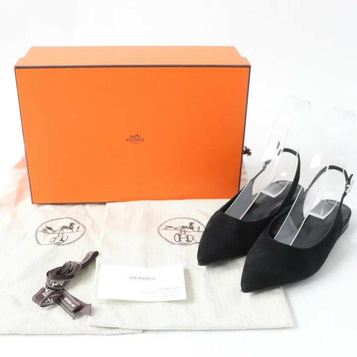 Hermès Black Pointed Toe Slingback Flats - Size 35.