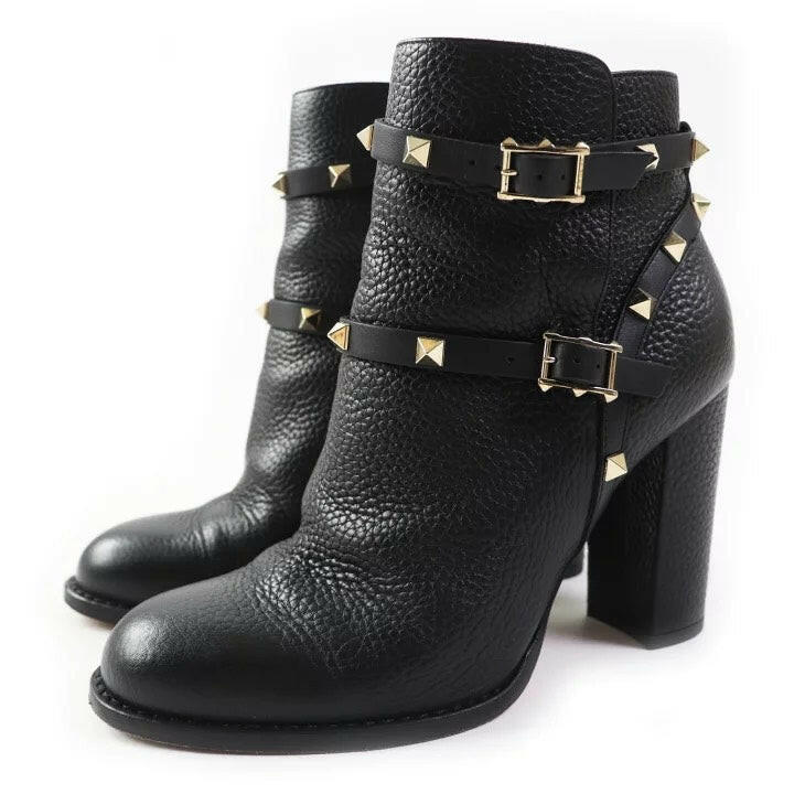 Valentino Garavani Black Rockstud Leather Ankle Boots - Size 38.