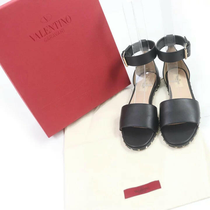 Valentino Rockstud Black Leather Flat Sandals Size 37.5.