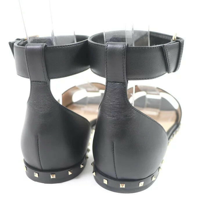 Valentino Rockstud Black Leather Flat Sandals Size 37.5.