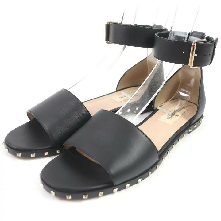 Valentino Rockstud Black Leather Flat Sandals Size 37.5.