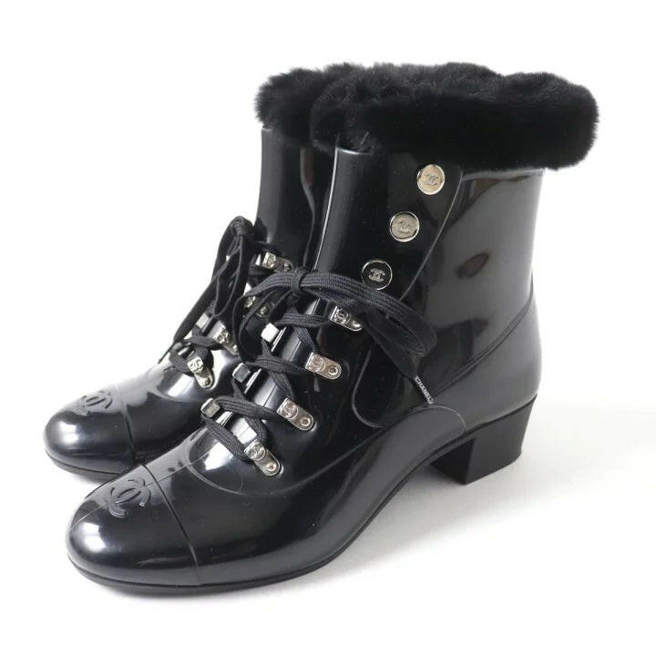 Chanel Black Patent Leather Lace-Up Ankle Boots with Fur Trim, Women's Size 37.