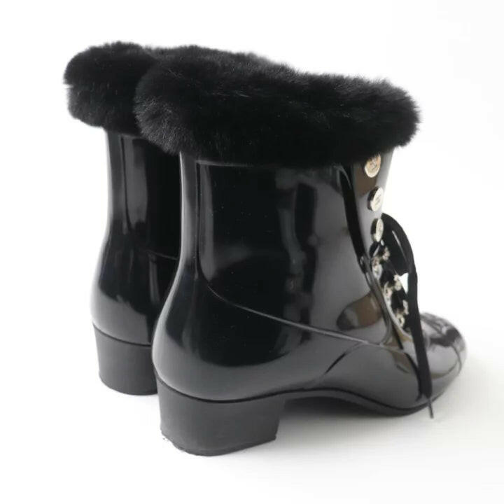 Chanel Black Patent Leather Lace-Up Ankle Boots with Fur Trim, Women's Size 37.