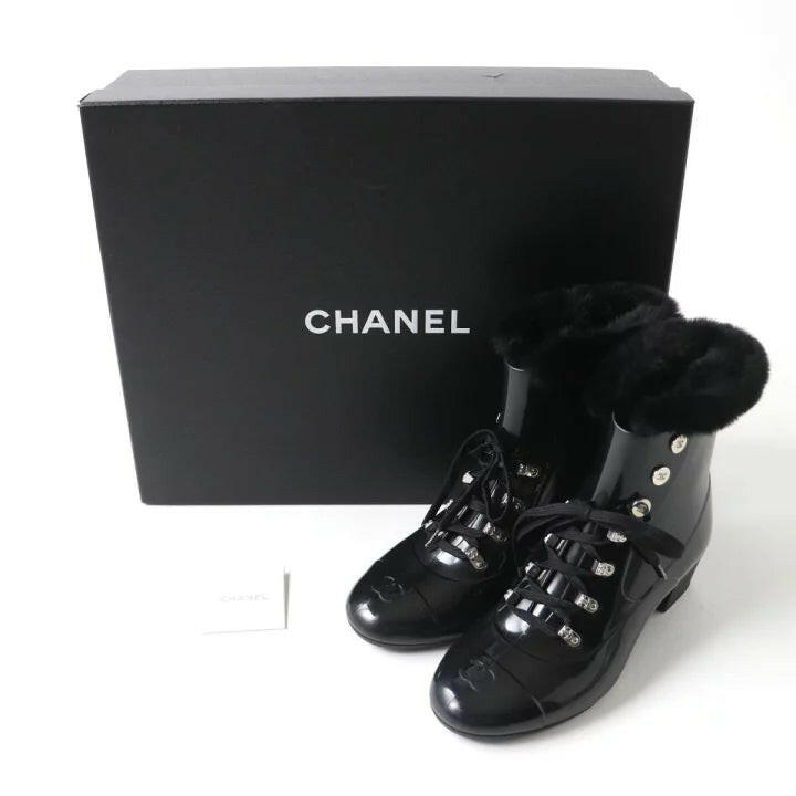 Chanel Black Patent Leather Lace-Up Ankle Boots with Fur Trim, Women's Size 37.