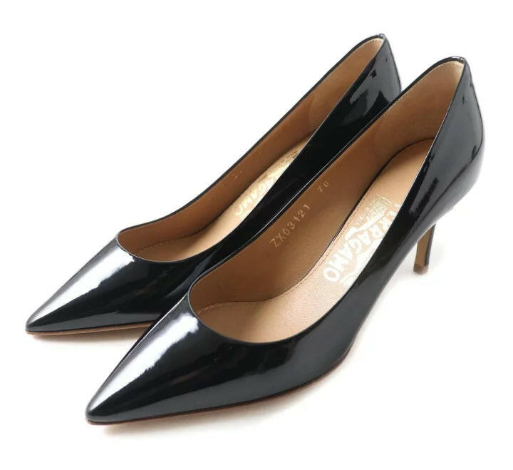 Salvatore Ferragamo Black Patent Leather Pointed Toe Pumps - Size 5.5.