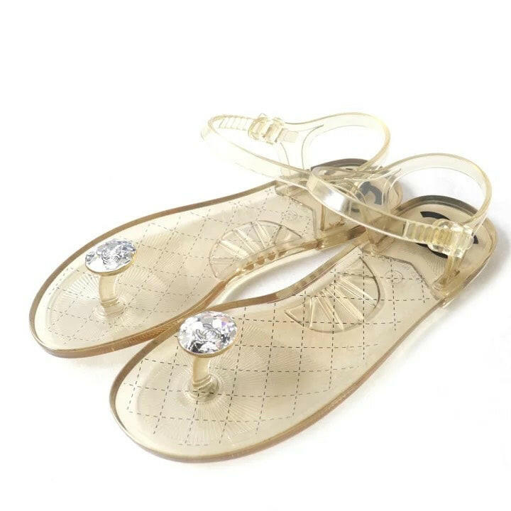 Chanel Gold Jelly Sandals with Crystal Accents - Size 36.