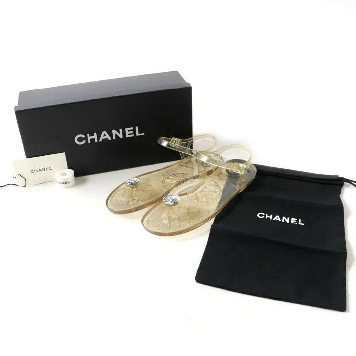 Chanel Gold Jelly Sandals with Crystal Accents - Size 36.