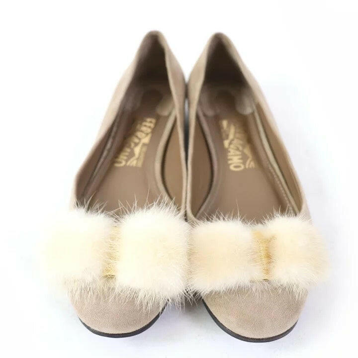 Salvatore Ferragamo Beige Fur Trim Ballet Flats, Size 5.5.