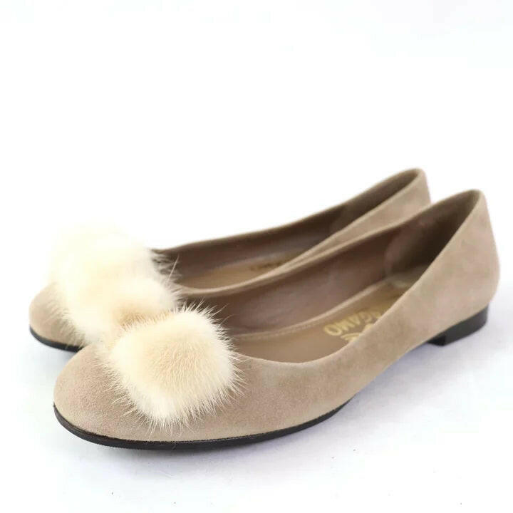 Salvatore Ferragamo Beige Fur Trim Ballet Flats, Size 5.5.