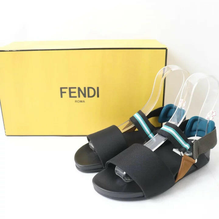 Fendi Women's Black Canvas Sandal with Multi-Color Straps, Size 35.