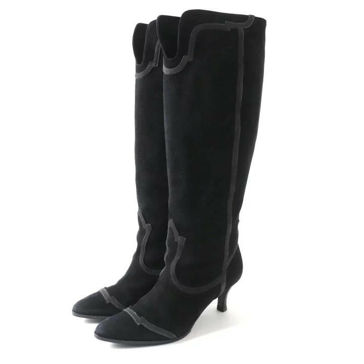 Hermes Black Suede Knee-High Heeled Boots Size 37.