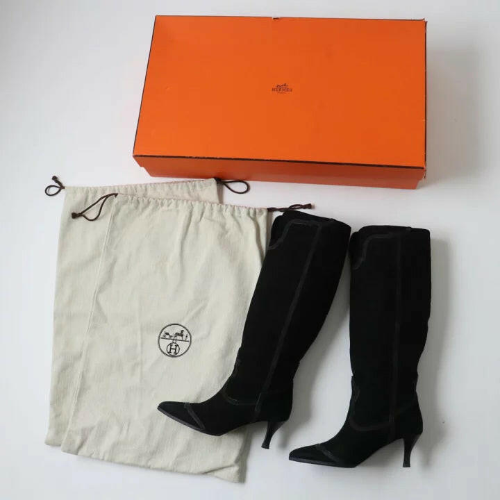 Hermes Black Suede Knee-High Heeled Boots Size 37.