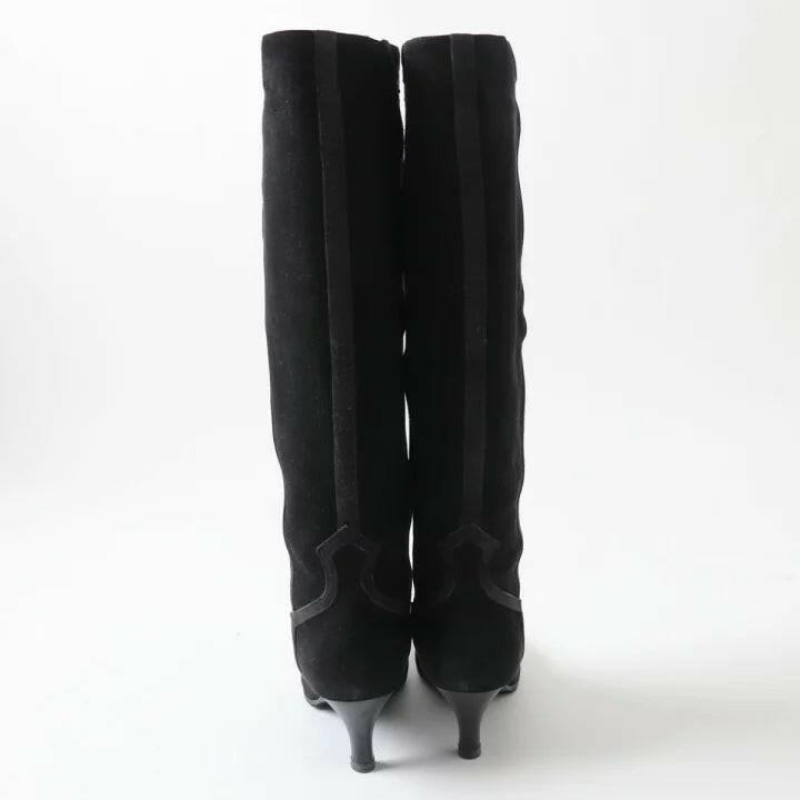 Hermes Black Suede Knee-High Heeled Boots Size 37.