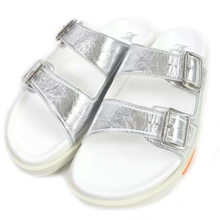 Louis Vuitton Silver Buckle Slippers - Size 9 Silver and White Sandals.