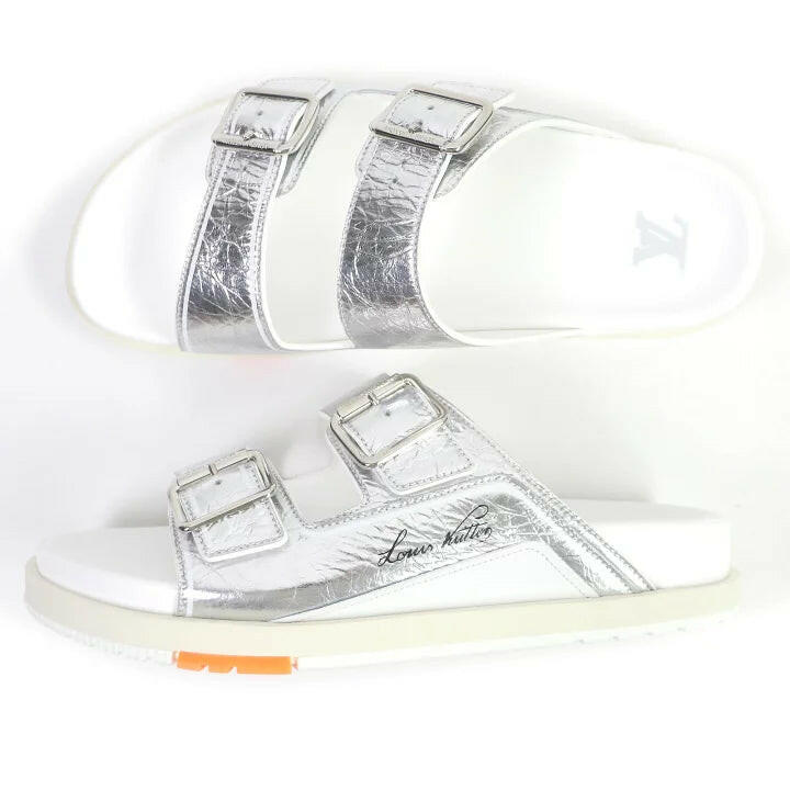 Louis Vuitton Silver Buckle Slippers - Size 9 Silver and White Sandals.