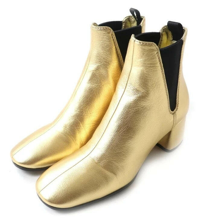 Prada Gold Block Heel Ankle Boots Size 35.