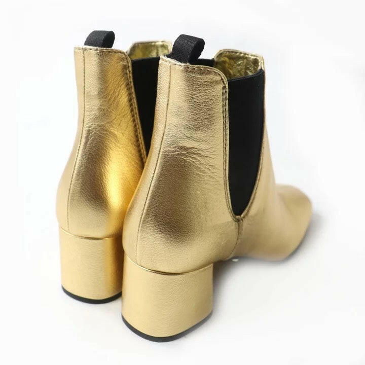 Prada Gold Block Heel Ankle Boots Size 35.