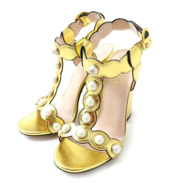 Gucci Metallic Gold Leather Pearl Embellished Sandals Size 36.