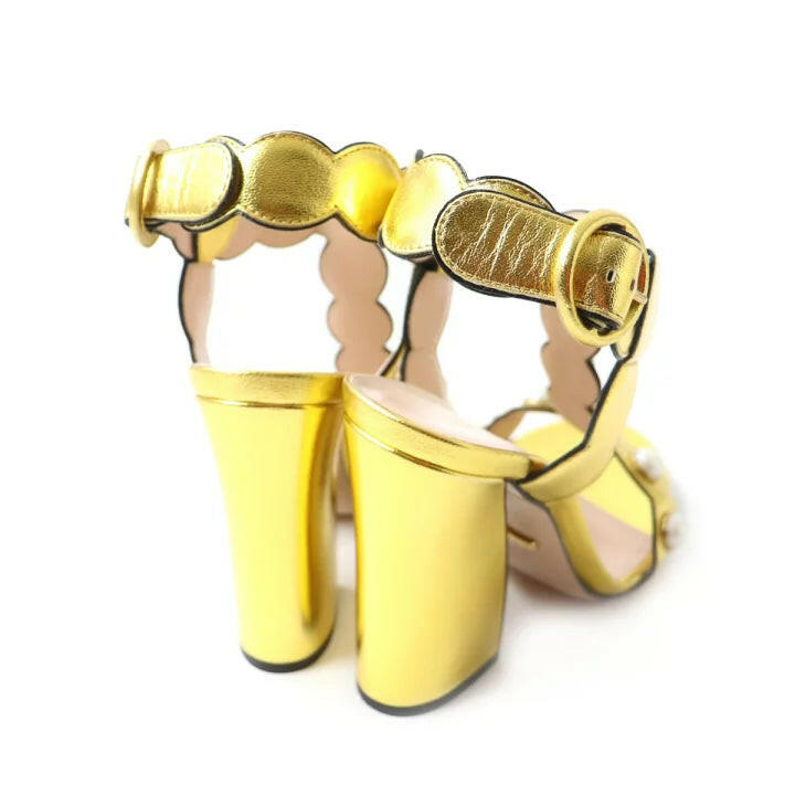 Gucci Metallic Gold Leather Pearl Embellished Sandals Size 36.