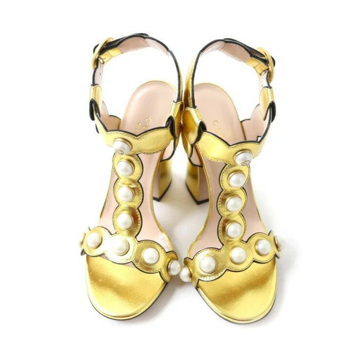 Gucci Metallic Gold Leather Pearl Embellished Sandals Size 36.