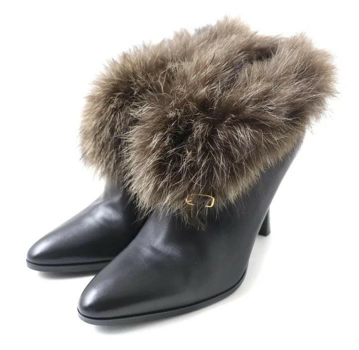 Hermes Women's Fur-Trimmed Black Leather Heeled Boots Size 36.