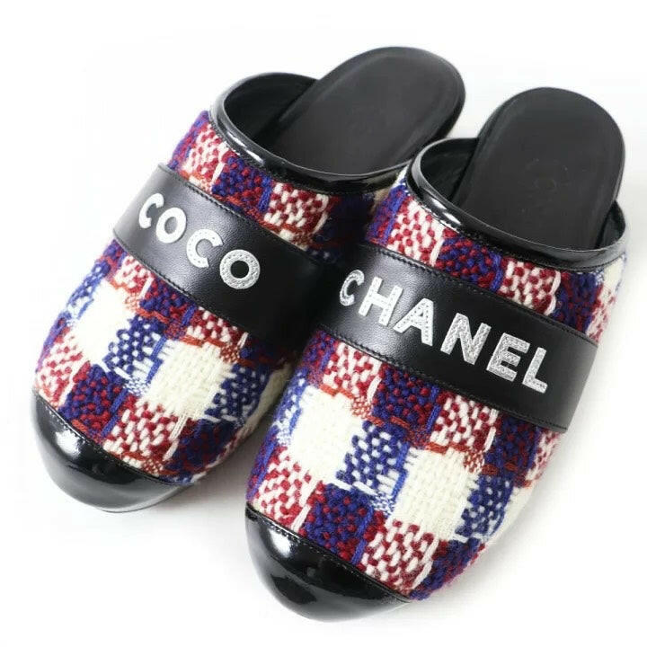 Chanel Plaid Mules - Black, Red, and White - Size 36.