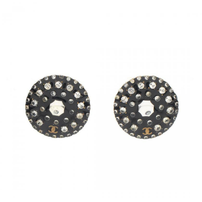 Chanel Coco Mark Black Rhinestone Circular Stud Earrings.