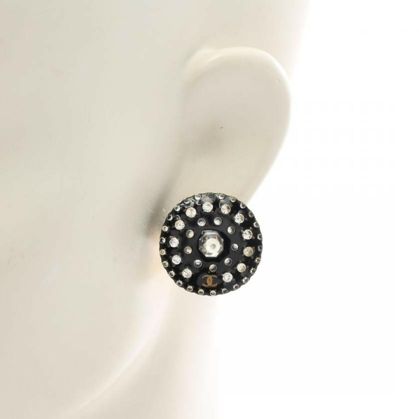 Chanel Coco Mark Black Rhinestone Circular Stud Earrings.