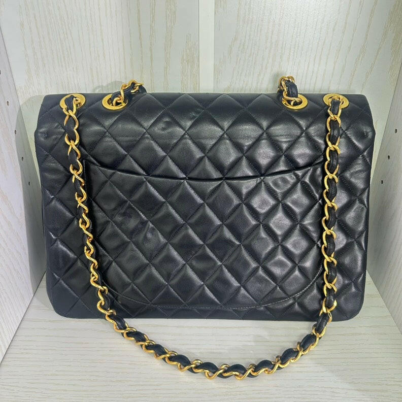 Vintage Chanel Black Lambskin Single Flap Maxi Quilted Shoulder Bag.