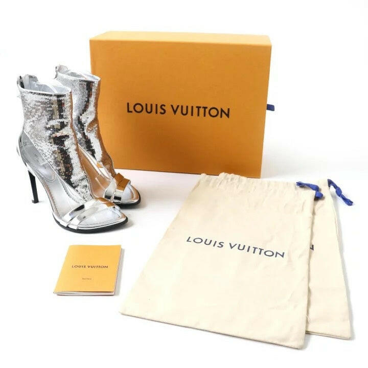 Louis Vuitton Silver Sequin Open Toe High Heel Sandals, Size 35.5.