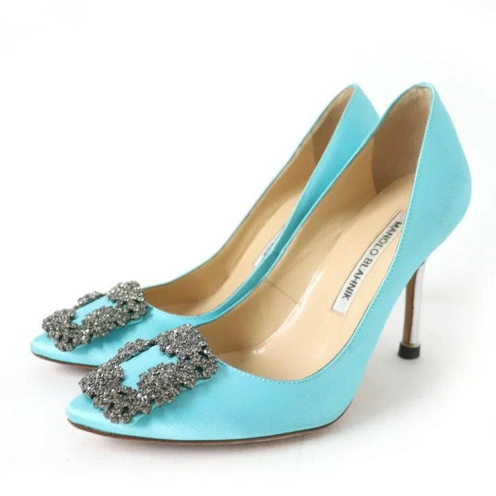 Manolo Blahnik Blue Hangisi Satin Pumps with Crystal Buckle Detailing Size 34.