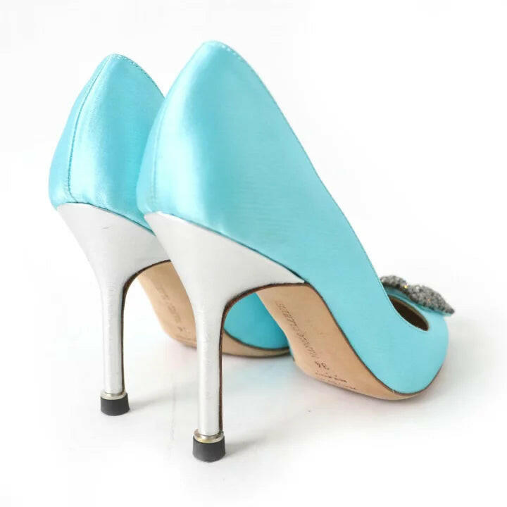 Manolo Blahnik Blue Hangisi Satin Pumps with Crystal Buckle Detailing Size 34.