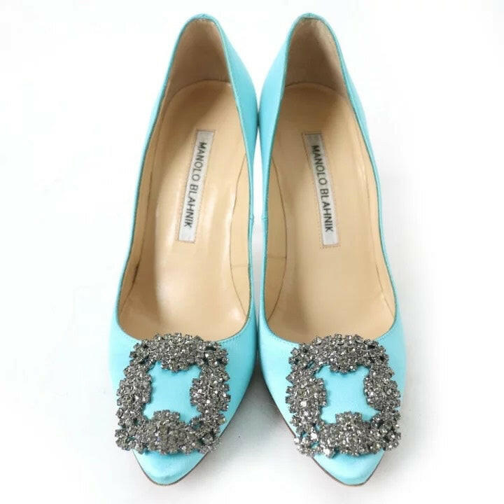 Manolo Blahnik Blue Hangisi Satin Pumps with Crystal Buckle Detailing Size 34.