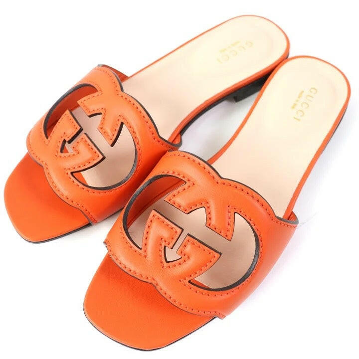 Gucci Orange Leather Slide Sandals - Size 36.