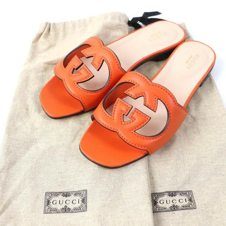 Gucci Orange Leather Slide Sandals - Size 36.