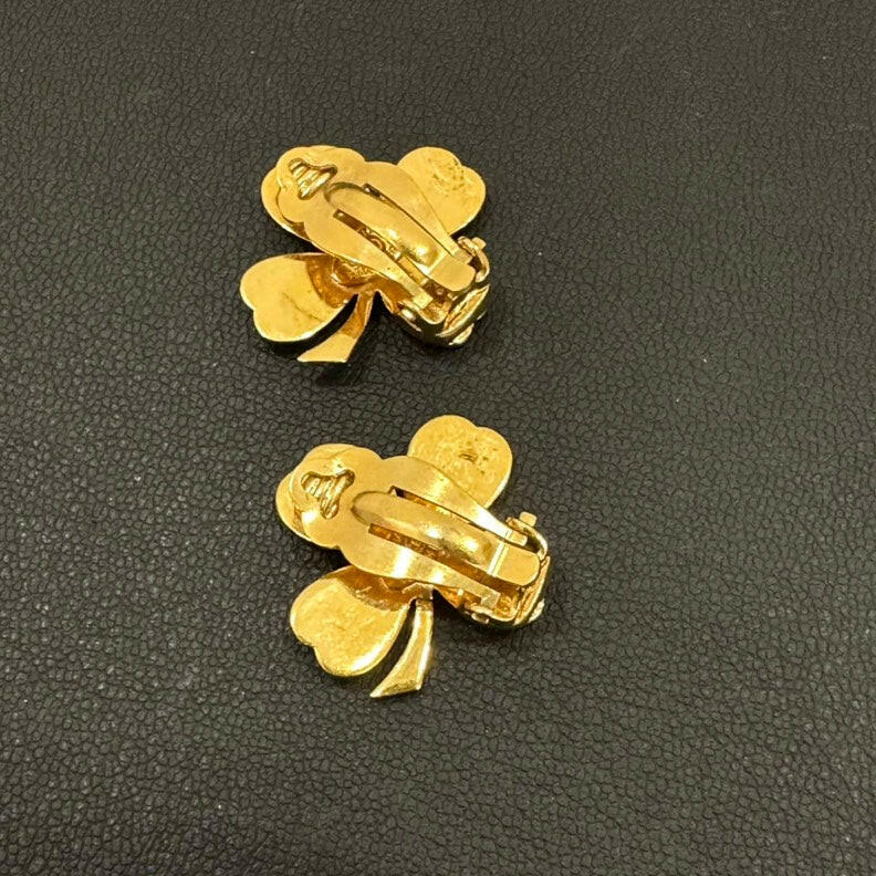 Chanel Clover Clip-On Earrings Gold-Tone Floral Design Authentic Vintage Jewelry.